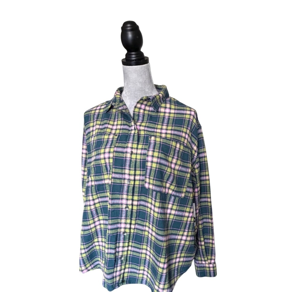 SO Goods for Life Womens Plaid Flannel Shirt Green Pink Yellow Cotton Medium NWT